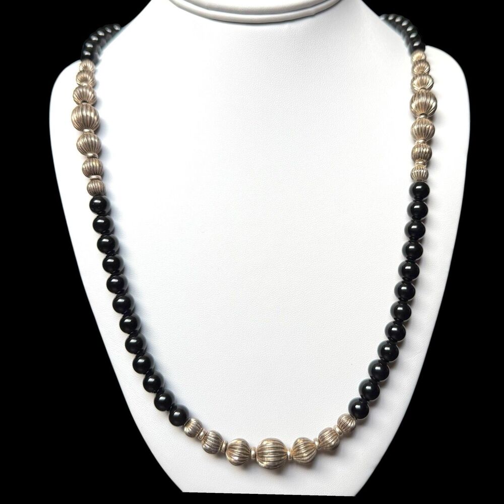 Vintage Sterling Silver Native Pearl Black Onyx Beaded Necklace 34in Chain 925